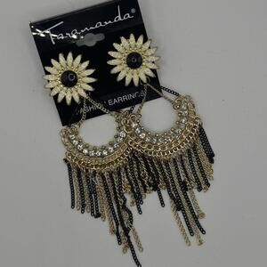 Taramanda Sunflower Rhinestone Fringe Earrings – Gold Black Chain Statement